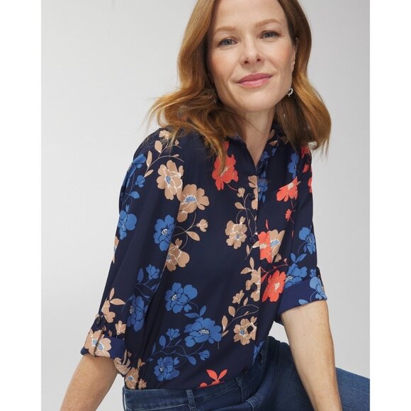 Women's Floral Troupe Shirt in Midnight Dark Blue Size Small | Chico's 1748 - Picture 3 of 5